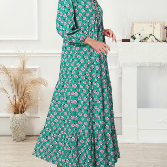 Dokotoo Women Boho Maxi Dress, V Neck, Long Puff Sleeve, Smocked Ruffle Flow - Picture 5 of 7